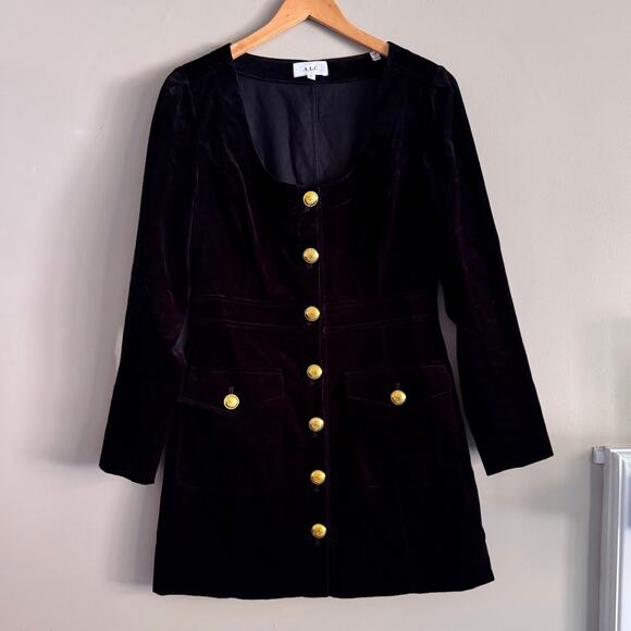 A.L.C. Black Ivy Velvet Button Front Long Sleeve Gold Button Mini Dress 10 - Picture 2 of 5